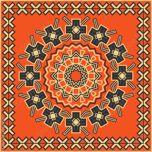 Black and beige ethnic mandala on orange background Design for bandana, blanket, neckerchief or other. Vector illustration