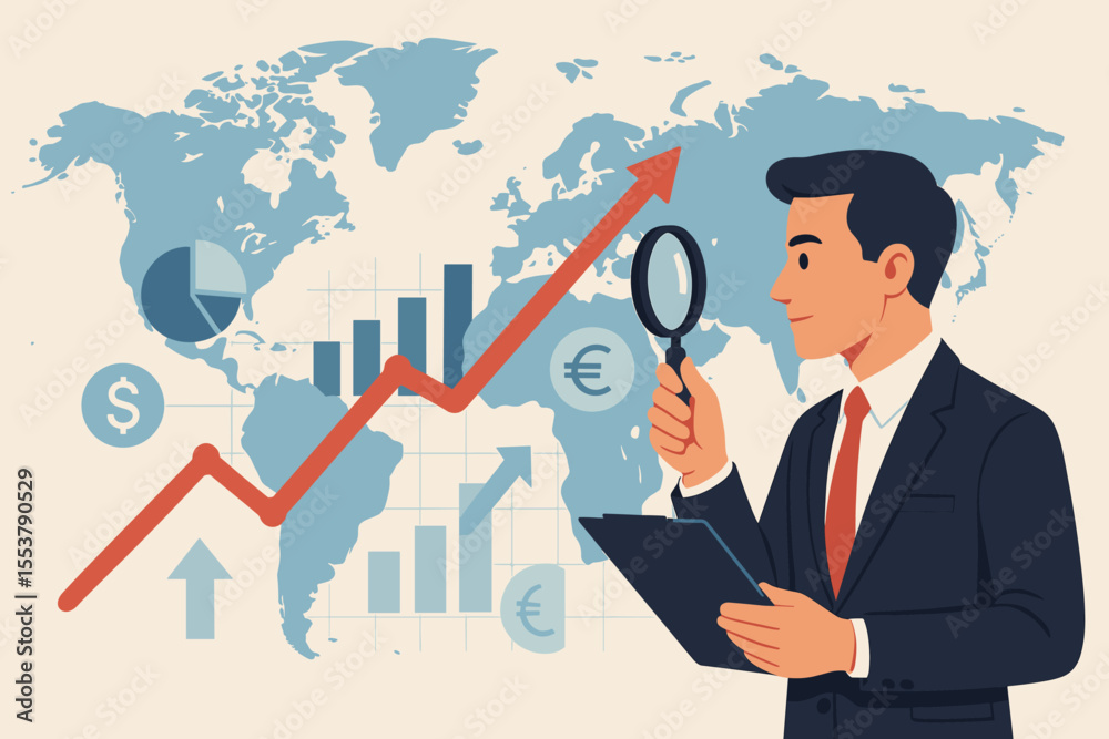 Obraz premium Global business investment. Financial analysis concept. Businessman analyst examining economic trends. Stock market growth chart on world map. Magnifying glass. Data analysis. Vector.