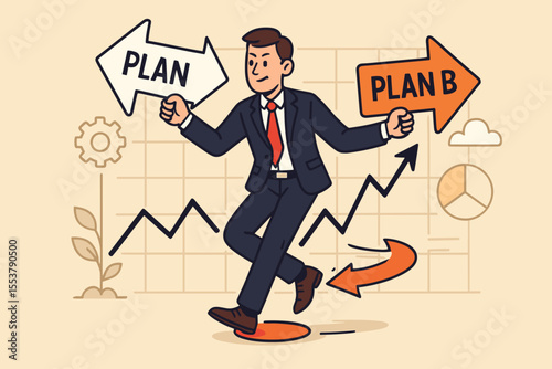 Strategic pivot from Plan A to Plan B concept. Agile businessman making a choice and adapting to market changes. Business direction, flexibility, decision making, and contingency planning vector.