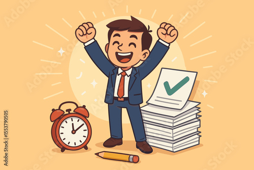 Businessman celebrating project completion. Happy employee achieving success and meeting deadline. Concept of goal accomplishment, victory, and time management. Vector cartoon illustration.