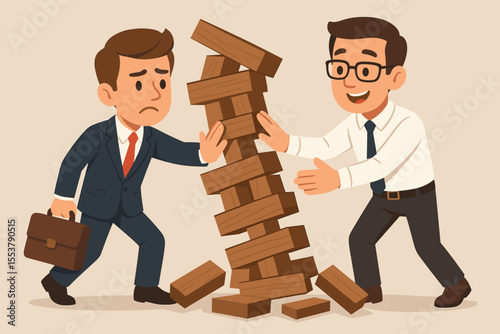Businessmen saving a falling block tower. Metaphor for risk management, crisis, and teamwork. Partnership supporting a fragile structure. Concept of strategy, help, and solution.