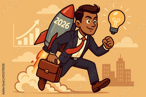 Businessman launching a startup in 2026 with a rocket jetpack. Ambitious entrepreneur with idea lightbulb and briefcase. Concept for business growth, success, innovation, career.