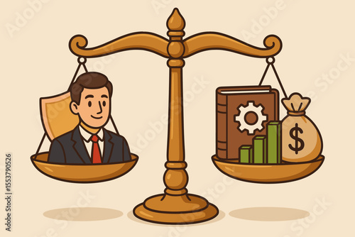 Businessman on balanced scales of justice. Metaphor for business ethics, corporate governance, fair value, and integrity. Comparing human capital with profit, knowledge and growth. Vector.