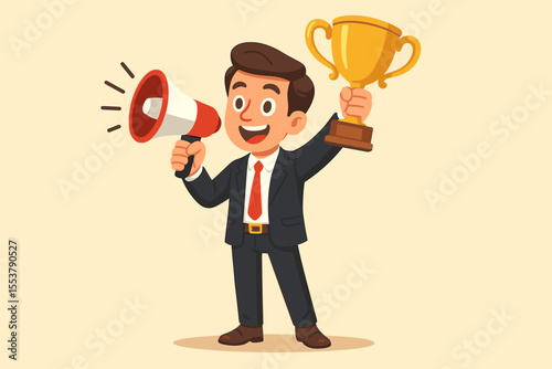 Business success concept. Happy leader celebrating with gold trophy and megaphone. Manager announcing victory. Leadership, achievement, motivation, winning. Cartoon character illustration.