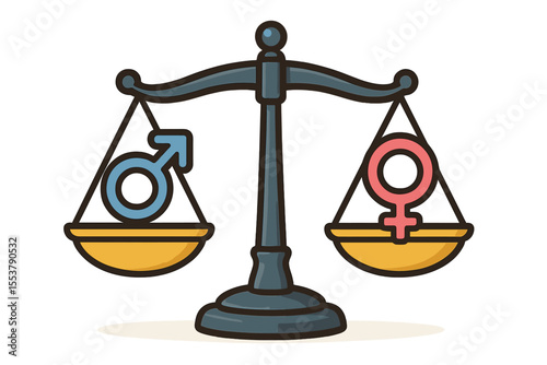 Gender equality concept with male and female symbols on balanced scales. Social balance and justice. Human rights, non-discrimination, equal partnership for man and woman. Vector.