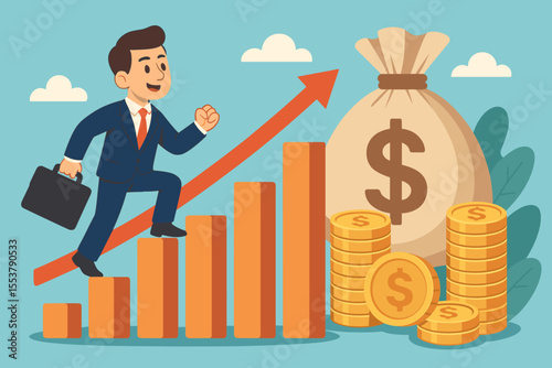 Businessman climbing career ladder graph for financial success. Vector concept of investment, income growth, wealth building, and profit. Man on bar chart with money bag and coins.