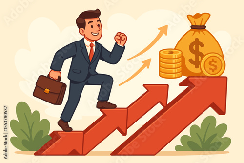 Businessman climbing arrow chart stairs towards money bag. Career ladder growth metaphor. Financial success, income increase, investment profit. Professional development concept.