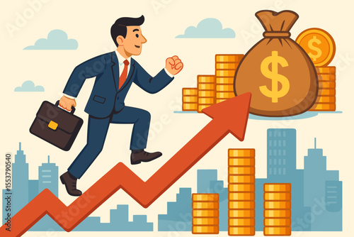 Businessman running up a growth arrow chart towards a money bag. Career development and financial success concept. Vector illustration of income boost, salary increase, wealth.