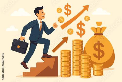 Businessman climbing stairs arrow to success. Career growth and financial development concept. Man walking up to wealth and profit. Salary increase, investment, and income boost.