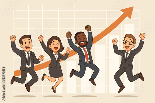 Happy diverse business team celebrating financial success, jumping for joy. Cartoon professionals in front of a rising growth chart. Concept of teamwork, achievement and profit.