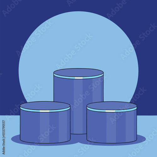 Three blue cylindrical pedestals of varying heights are arranged on a light blue surface against a dark blue background with a large light blue oval shape behind them