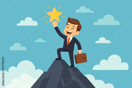 Happy businessman stands on a mountain peak holding a star. Concept of career success and achieving goals. Metaphor for victory, leadership, and ambition. Vector cartoon illustration.