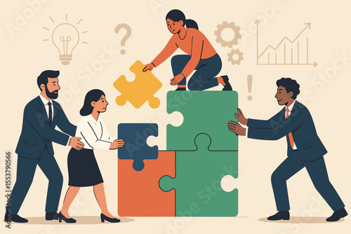 Business strategy concept for teamwork and collaboration. Diverse group of colleagues connecting giant puzzle pieces. Metaphor for problem-solving, partnership, and finding a solution.