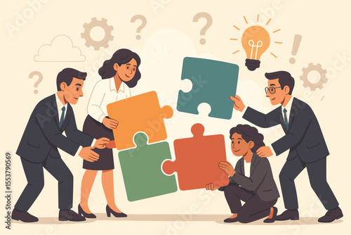 Business teamwork and collaboration concept. Diverse team of people connecting puzzle pieces to solve a problem. Metaphor for strategy, partnership, and finding a creative solution.