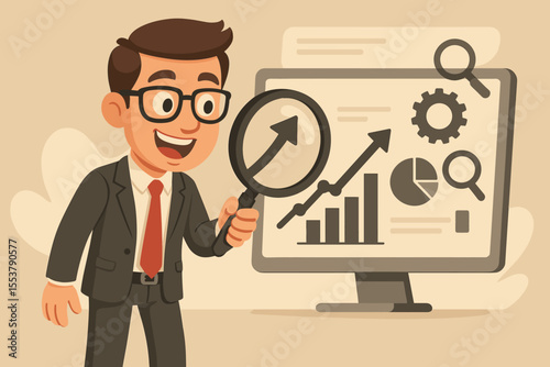 Businessman analyzing data with a magnifying glass for SEO optimization and business analytics. Market research concept with financial growth chart and audit report on a computer. Vector.