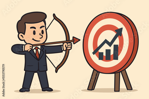 Business goal concept. Businessman aiming a bow and arrow at a financial growth chart. Hitting the target for success, profit and investment. Metaphor for strategy and achievement. Vector.