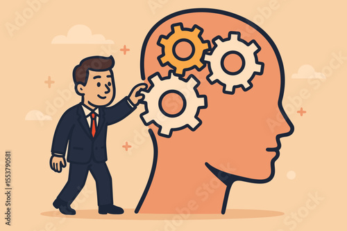 Changing mindset metaphor with businessman adjusting gears in human head. Concept for personal growth, learning new skills, psychology, coaching, and therapy. Self improvement idea.