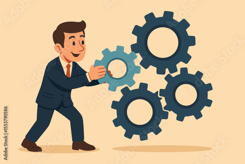 Businessman adding missing gear to cogwheel mechanism. Business development concept. Man connecting system for success. Solution, strategy, teamwork, process and integration vector.