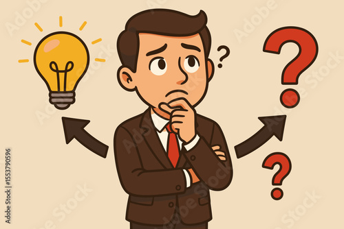 Confused businessman making decision, choosing between idea and doubt. Vector cartoon illustration of man in suit with lightbulb, question marks, arrows, dilemma, problem solving, business choice