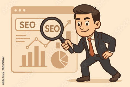 Businessman with magnifying glass doing SEO analysis. Concept for digital marketing, search engine optimization, website data research, keyword strategy, and traffic growth. Vector.