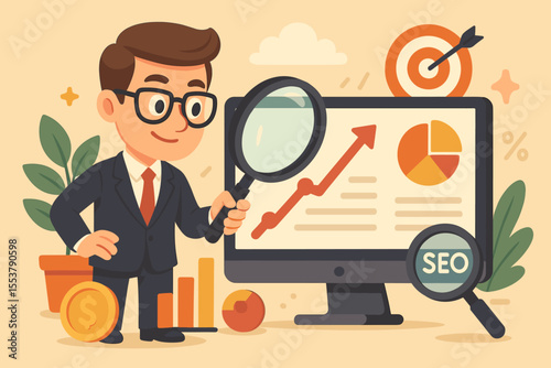 Businessman analyzing data on a computer for SEO optimization. Marketing specialist with magnifying glass checks financial report, charts, and graphs for business growth strategy.