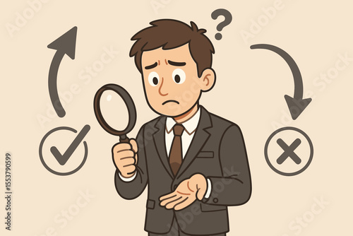 Confused businessman analyzing options with magnifying glass. Man making a choice between right or wrong, yes or no. Business decision making, dilemma, and strategy concept. Vector