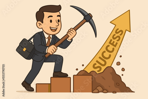 Ambitious businessman climbing career steps with pickaxe, breaking barriers to achieve professional success, motivation, leadership, growth, opportunity, cartoon vector illustration, no text
