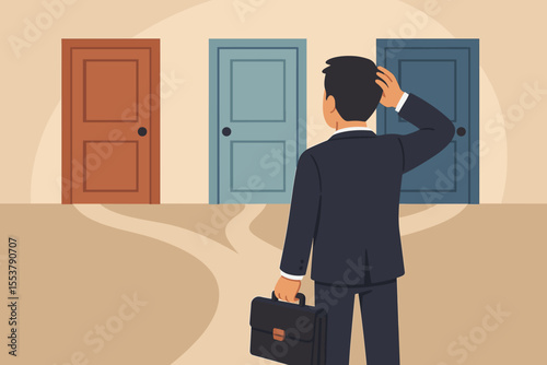 Businessman decision making at career crossroads, choosing between multiple doors. Concept of business dilemma, opportunity, uncertainty, job change, risk, confusion, future choices, career path