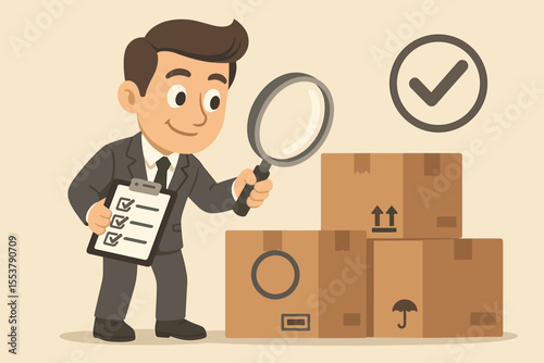 Cartoon Businessman Inspecting Packages for Quality Control with Checklist and Magnifying Glass. Product Inspection, Shipping, Delivery, Logistics, Warehouse Management, Assurance Concept Illustration