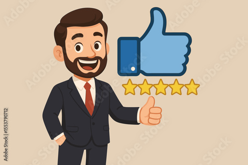 Businessman Giving Thumbs Up with Five Star Rating, Positive Customer Feedback, High Ratings, Business Reputation, Satisfaction, Quality Service, Approval, Success, Vector Illustration