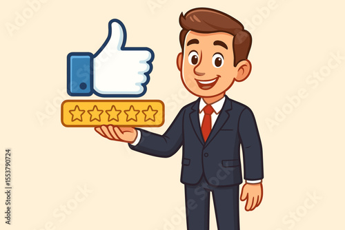 Businessman in Suit Holding Thumbs Up Icon and Five Star Rating, Positive Customer Feedback, High Business Reputation, Quality Service, Satisfaction, Client Review, Vector Illustration