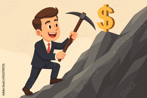 Ambitious businessman climbing mountain with pickaxe toward dollar sign, symbolizing financial success, career achievement, motivation, perseverance, business growth, goal setting, and determination
