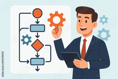 Businessman Managing Workflow Automation with Flowchart and Gear Icon, Business Process Optimization, Project Management, Productivity, Vector Illustration, Office Efficiency Concept