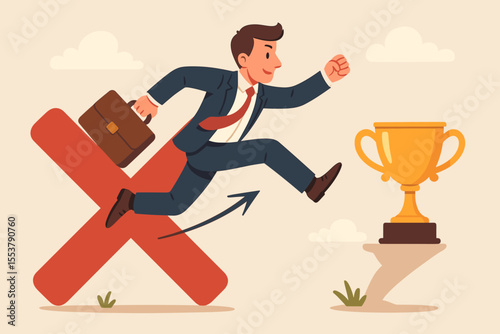 Businessman leaping over red cross obstacle toward golden trophy. Overcoming failure, learning from mistakes, career growth, success achievement, motivation, ambition, business challenge concept