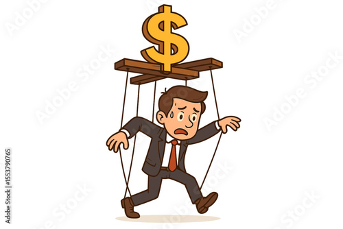 Stressed Businessman Puppet Controlled by Large Dollar Sign Symbolizing Capitalism, Financial Control, Corruption, Economic Pressure, Money Manipulation, Business Stress Concept Vector Illustration