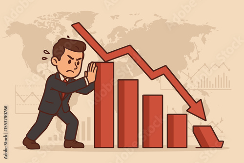 Businessman stopping stock market crash, managing investment risks, economic recession crisis, financial stability, capital preservation, falling bar chart, global finance vector illustration