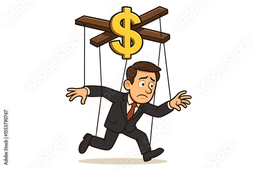Businessman as marionette puppet controlled by dollar sign strings, concept of financial manipulation, greed, capitalism, corruption, corporate control, money power, vector cartoon illustration
