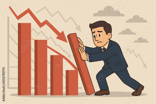 Businessman preventing stock market crash, managing investment risks, stabilizing falling bar chart, ensuring financial stability during economic downturn, crisis management vector illustration