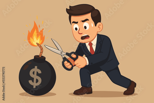 Businessman in Suit Cutting Burning Bomb Fuse with Dollar Sign, Financial Crisis Management, Risk, Urgent Economic Problem, Cartoon Vector Illustration, Money Danger, Business Solution Concept