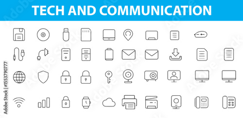 Tech and Communication Line Icons,  Smartphone, Email, Wi-Fi, Laptop, Video Call, Satellite, Cloud, Chat, and More , Editable Formats: AI, EPS, JPG, PNG, Ideal for Both Digital and Print Use