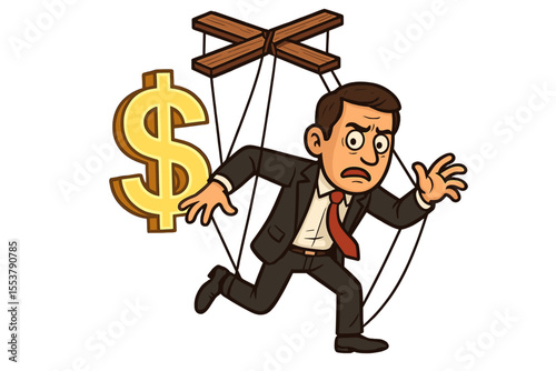 Businessman marionette controlled by money strings, dollar sign manipulation, corporate greed, financial control, capitalism metaphor, corruption concept, vector cartoon illustration