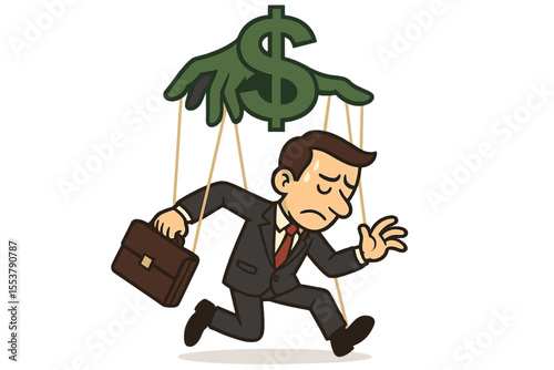 Businessman as Marionette Controlled by Dollar Symbol, Concept of Corporate Manipulation, Financial Pressure, Greed, Capitalism, Corruption, Economic Exploitation, Vector Cartoon Illustration
