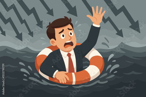 Desperate businessman in suit sinking in stormy sea with lifebuoy, financial crisis metaphor, stock market crash, economic downturn, stress, failure, rescue concept, cartoon vector illustration