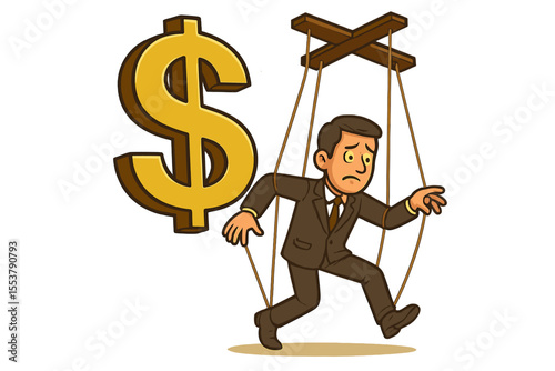 Businessman marionette controlled by money, dollar sign manipulation, capitalism greed, corruption, financial power, puppet master concept, vector cartoon illustration, economic control metaphor