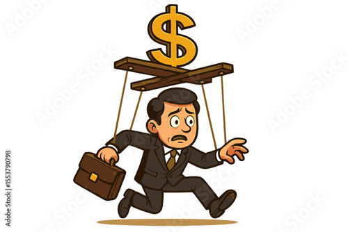 Businessman marionette controlled by dollar sign strings, concept of money manipulation, corporate greed, capitalism, financial control, corruption, puppet executive, vector cartoon illustration