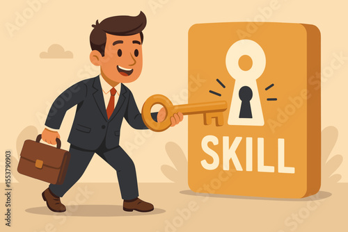 Businessman unlocking new skill with golden key, symbolizing professional development, career advancement, skill enhancement, personal growth, business training, success, opportunity concept