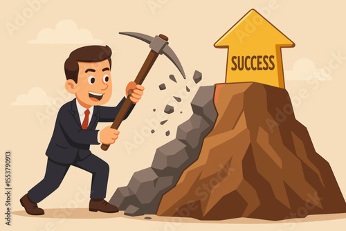 Determined businessman breaking through obstacles with pickaxe to reach career success, mountain challenge metaphor, achieving goals, perseverance, motivation, business growth vector illustration