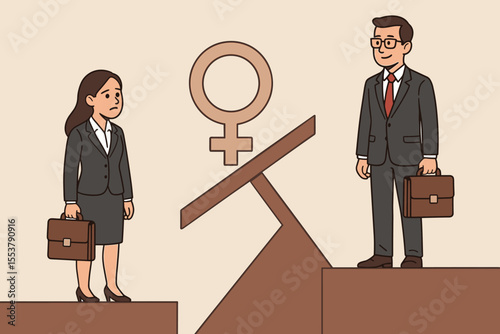 Businesspeople Facing Gender Inequality and Discrimination in Workplace Opportunities, Unequal Career Advancement Concept, Male and Female Professional Vector Cartoon Illustration