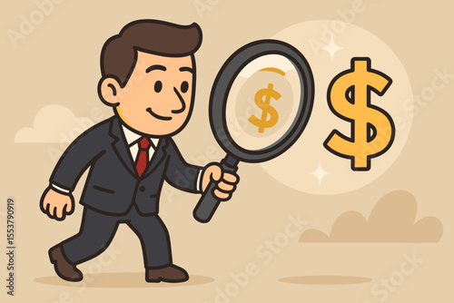Cartoon businessman in suit using magnifying glass to search for dollar sign, investment opportunity, financial analysis, money search, business strategy, finance concept vector illustration