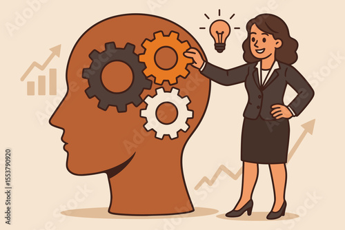 Businesswoman assembling gears in human head, symbolizing mindset improvement, innovation, leadership, teamwork, business strategy, creative thinking, problem solving, corporate growth, success